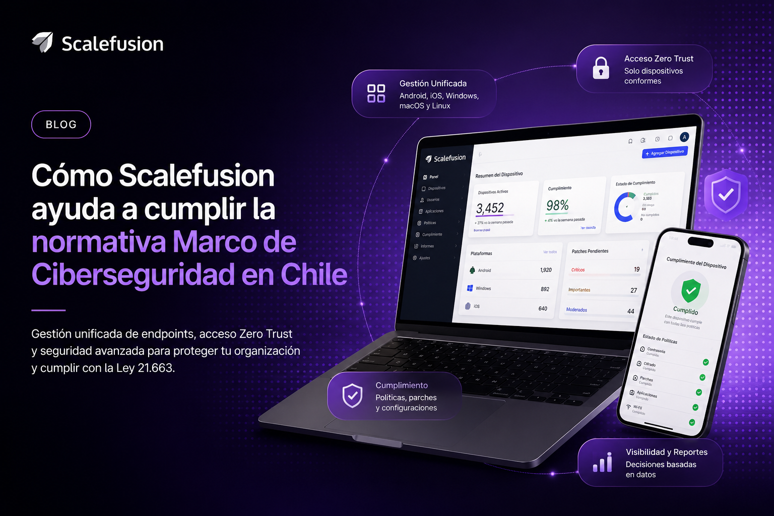 Conoce cómo Scalefusion ayuda a proteger endpoints y apoyar el cumplimiento de la Ley Marco de Ciberseguridad en Chile.